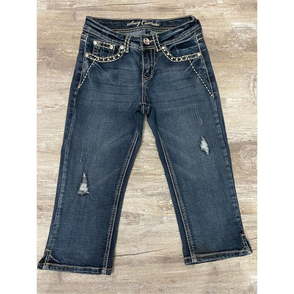Sexy Couture Capri Jeans Bling Embellished Flap Pocket Women’s Juniors Sz 1